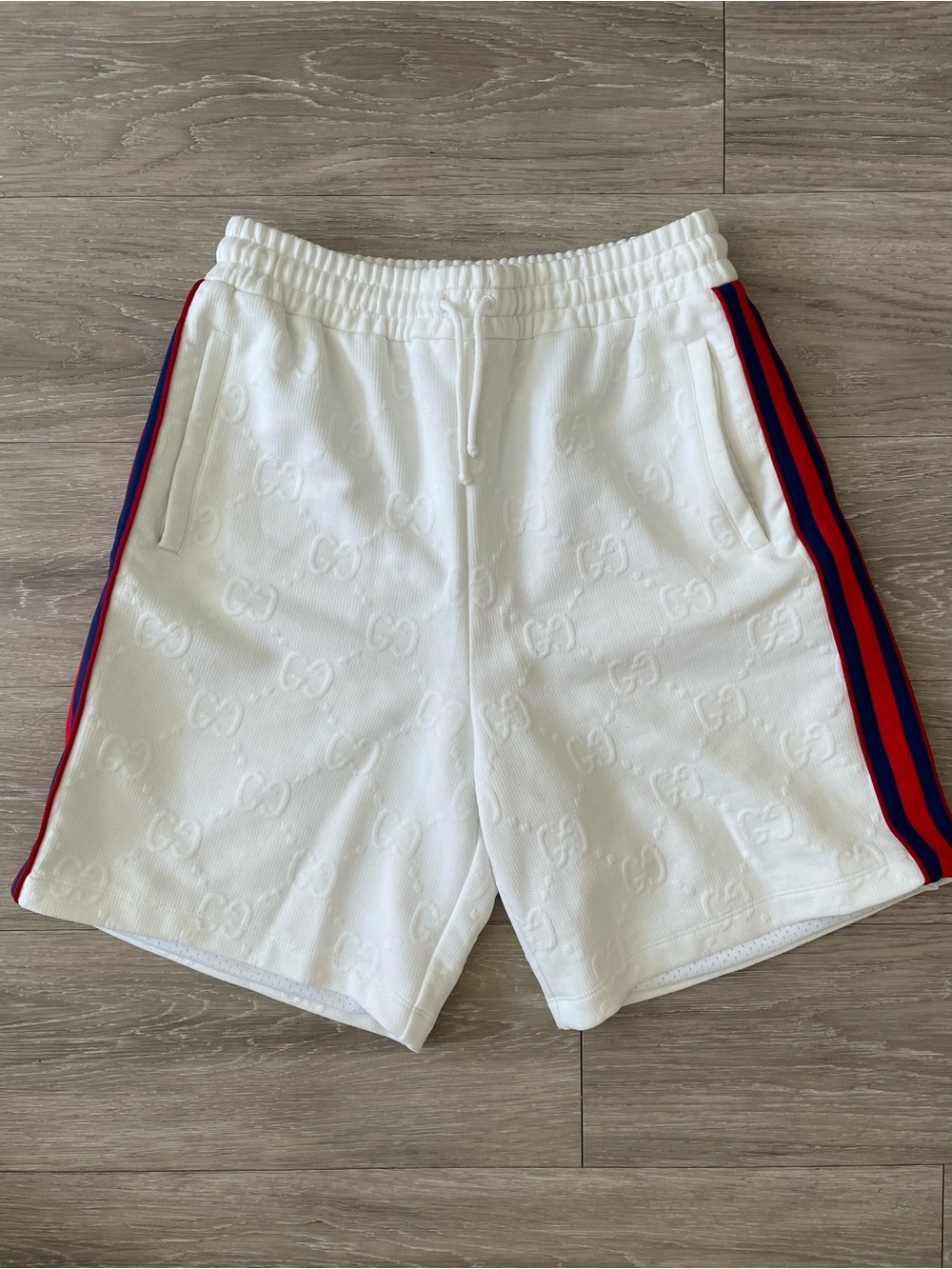 Gucci monogram White Shorts with Red & Blue Side Stripes